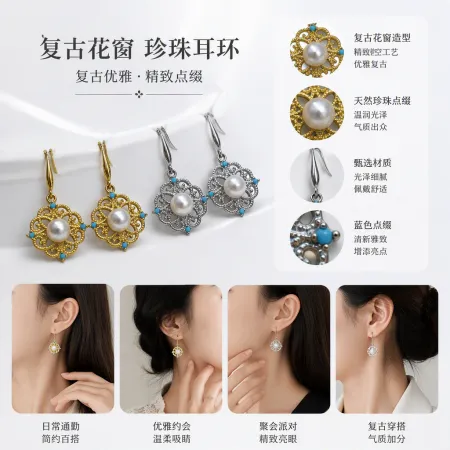 Fashionable gold and silver pearl earrings, four pendants, blue gemstones with hollowed-out patterns, elegant earrings, and white label decoration Fashionable gold and silver pearl earrings, four pendants, blue gemstones with hollowed-out patterns, elegant earrings, and white label decoration